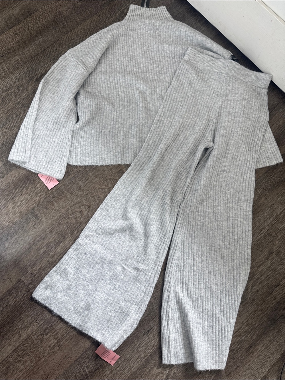 PrettyLittleThing Grey Ribbed Knit Wide Leg Pants & Jumper Set